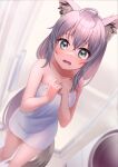  1girl absurdres ahoge animal_ear_fluff animal_ears bangs blurry blurry_background collarbone commentary_request earrings fox_ears fox_girl fox_tail green_eyes hair_between_eyes highres hololive indoors jewelry long_hair looking_at_viewer naka_g naked_towel open_mouth shirakami_fubuki sidelocks solo tail towel virtual_youtuber white_hair 