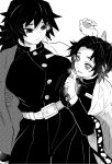  2girls bangs breast_poke breasts butterfly_hair_ornament cowboy_shot demon_slayer_uniform genderswap genderswap_(mtf) greyscale hair_ornament hand_up haori highres japanese_clothes kimetsu_no_yaiba kochou_shinobu large_breasts leaning_on_person long_hair long_sleeves looking_at_another looking_away looking_down looking_to_the_side looking_up monochrome multiple_girls pants poking simple_background smile tomioka_giyuu unaligned_breasts updo yeobojagiaegi 