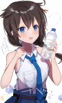  1girl bangs blue_eyes blue_necktie blush bottle braid breast_pocket brown_hair commentary_request hair_between_eyes hair_flaps highres holding holding_bottle kantai_collection long_hair necktie official_alternate_costume pocket qqqmei shigure_(kancolle) shigure_kai_ni_(kancolle) shirt single_braid sleeveless sleeveless_shirt solo water_bottle wet wet_clothes white_shirt 