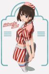  1girl :d arms_behind_back bangs blush brown_hair character_name collared_shirt hat hibike!_euphonium highres holding holding_plate kamo_kamen long_hair looking_at_viewer looking_back looking_up midriff mole mole_under_eye nakaseko_kaori open_mouth pink_headwear plaid plaid_skirt plate red_eyes red_shirt red_skirt shirt short_sleeves skirt smile solo standing striped striped_shirt thighhighs thighs waitress white_thighhighs zettai_ryouiki 