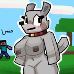  anthro big_breasts black_eyes blue_background blush blush_lines breasts canid canine canis cloud cloudscape collar duo eyelashes featureless_crotch female fur green_background grey_body grey_fur hi_res human lewdewott looking_at_viewer male mammal microsoft minecraft mojang navel nude plant simple_background sky steve_(minecraft) text thick_thighs tree video_games wide_hips wolf wolf_(minecraft) xbox_game_studios 