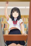  1girl :o arm_up bangs black_hair blue_sailor_collar blue_skirt blurry blurry_background blush book bookshelf bow bowtie brown_eyes desk from_below hand_up holding holding_book indoors mattaku_mousuke medium_hair midriff_peek original parted_lips pleated_skirt red_bow red_bowtie sailor_collar school_uniform serafuku shirt short_sleeves skirt solo standing white_shirt 