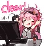  1girl animal_ears arknights black_collar black_hairband bottle cat_ears cat_girl cheering chibi closed_eyes coca-cola collar controller crop_top crying desk goldenglow_(arknights) hairband hands_up holding holding_controller keyboard_(computer) libiadan long_hair messy_hair monitor open_mouth pink_hair shirt simple_background sleeveless sleeveless_shirt solo streaming_tears tears white_background white_shirt 