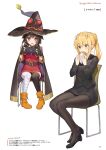  2girls ankle_boots bandaged_leg bandages bangs belt black_hair blonde_hair blue_eyes blush boots burger cape chair darkness_(konosuba) dress eating fingerless_gloves food full_body gloves hair_ornament handheld_game_console hat highres holding holding_food kono_subarashii_sekai_ni_shukufuku_wo! long_hair long_sleeves megumin mishima_kurone multiple_girls official_art open_mouth page_number pantyhose ponytail red_dress red_eyes shiny shiny_hair shoes short_dress simple_background single_thighhigh sitting skirt thighhighs white_background wizard_hat x_hair_ornament 