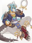  1boy absurdres baggy_pants blue_eyes blue_hair braid braided_ponytail claws closed_mouth colored_skin dark_skin dragon_boy dragon_horns dragon_tail full_body furry furry_male hair_between_eyes harem_pants headpiece highres horn_ornament horns jewelry kitai_su long_hair looking_at_viewer male_focus multicolored_eyes neck_ring original pants pelvic_curtain red_footwear see-through short_eyebrows sitting solo tail toeless_footwear toned toned_male very_long_hair white_background white_horns white_pants white_skin yellow_eyes 