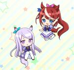  2girls :&gt; :o animal_ears blue_bow blue_eyes blue_shirt blush bow brown_footwear brown_hair chibi commentary_request hair_ribbon hand_up horse_ears horse_girl horse_tail knees_together_feet_apart knees_up long_hair mejiro_mcqueen_(umamusume) multicolored_hair multiple_girls open_mouth parted_lips pink_ribbon pleated_skirt ponytail puffy_short_sleeves puffy_sleeves purple_eyes purple_hair ribbon school_uniform shirt shoes short_sleeves skirt starry_background streaked_hair tail thighhighs tokai_teio_(umamusume) tracen_school_uniform triangle_mouth umamusume v-shaped_eyebrows very_long_hair white_skirt ye_yin_(canoti_u) 