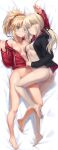  2girls areola_slip artoria_pendragon_(fate) ass bangs barefoot black_jacket black_ribbon blonde_hair blush bottomless braid breasts bred_jacket collarbone fate/apocrypha fate/grand_order fate_(series) feet french_braid green_eyes hair_ornament hair_scrunchie highres jacket jewelry legs long_hair long_sleeves looking_at_viewer low_ponytail medium_breasts mordred_(fate) mordred_(memories_at_trifas)_(fate) multiple_girls navel necklace parted_bangs ponytail ribbon saber_alter_(ver._shinjuku_1999)_(fate) scrunchie sidelocks small_breasts soles toes tonee yellow_eyes 