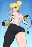  1girl afrobull animal_print artist_name ass asymmetrical_clothes back black_gloves black_pants blonde_hair blue_background brown_eyes cow_print double_bun eyelashes fairy_tail fingerless_gloves from_behind gloves hair_between_eyes hair_bun highres holding holding_whip looking_back lucy_heartfilia motion_lines pants serious short_hair_with_long_locks single_pantsleg skindentation solo sweatdrop thighs whip 