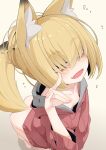  1girl :d animal_ear_fluff animal_ears bangs blonde_hair bottomless breasts collarbone downblouse fangs fox_ears fox_girl fox_shadow_puppet fox_tail from_above hair_over_eyes highres hood hoodie long_bangs looking_at_viewer nabari_(ogami_kazuki) ogami_kazuki original small_breasts smile solo tail yellow_eyes 