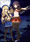  2girls bag bangs black_hair blonde_hair blue_eyes blush boots braid capelet closed_mouth cloud cloudy_sky eyepatch feathers flat_chest full_body full_moon gloves gold_trim hat highres holding iris_(konosuba) kono_subarashii_sekai_ni_shukufuku_wo! long_hair looking_at_viewer megumin midriff miniskirt mishima_kurone moon multiple_girls navel o-ring official_art open_mouth pantyhose red_eyes sarashi shiny shiny_hair simple_background skirt sky smile standing star_(sky) stomach thigh_boots weapon whip zettai_ryouiki 