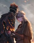  1boy 1girl armor bangs blindfold blonde_hair breasts burnt_clothes cape capelet cloak commentary_request covered_eyes dark_souls_(series) dark_souls_iii dress embers fire_keeper grey_background helm helmet highres jewelry jiro_(ninetysix) long_hair parted_lips shiny shiny_hair soul_of_cinder torn_cape torn_clothes upper_body 