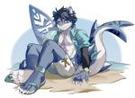  1boy absurdres animal_ears beach black_sclera blue_eyes blue_footwear blue_hair blue_shirt blue_skin bracelet claws closed_mouth collared_shirt colored_sclera colored_skin fish_tail flip-flops full_body furry furry_male highres jewelry kitai_su knees_up looking_at_viewer male_focus open_clothes open_shirt original ringed_eyes sandals shark_boy shark_tail shirt short_hair shorts sitting solo surfboard tail white_shorts white_skin 