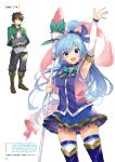  1boy 1girl aqua_(konosuba) arm_up arm_warmers armpits bangs belt blue_eyes blue_hair blush boots bow breasts brown_hair buttons capelet crossed_arms green_eyes hair_ornament highres holding knee_boots kono_subarashii_sekai_ni_shukufuku_wo! layered_skirt long_hair long_sleeves looking_at_viewer medium_breasts mishima_kurone official_art open_mouth page_number pants pleated_skirt satou_kazuma shiny shiny_hair short_hair simple_background skirt smile staff standing thigh_boots thighhighs white_background zettai_ryouiki 