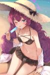  1girl ;p beach bikini black_bikini blue_archive breasts collarbone commentary_request food frilled_bikini frills halo hat highres hinata_yuu_(atelierhinata) holding iroha_(blue_archive) long_hair looking_at_viewer navel one_eye_closed popsicle purple_hair sand sitting small_breasts solo straw_hat swimsuit tongue tongue_out yellow_headwear 