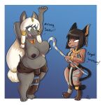  2022 4_fingers 4_toes absurd_res accessory ankh anthro anubian_jackal bandaged_leg bangs belly big_breasts black_ears black_tail blue_background blue_eyeshadow border bottomwear breast_poke breasts brown_body brown_fur brown_hair canid canine canis casual_nudity cleavage clothed clothed/nude clothing countershade_legs countershading crossed_arms curvaceous curvy_figure dark_nipples dialogue digital_media_(artwork) domestic_cat duo ear_piercing ear_ring egyptian egyptian_cat egyptian_clothing english_text eye_contact eyeliner eyeshadow feet felid feline felis female fingers fur furgonomics gem gold_(metal) gold_eyeshadow gold_jewelry green_eyes grey_body grey_fur hair hair_accessory hairband hand_behind_head head_jewelry hi_res hime_cut holding_object holding_staff jackal jewelry loincloth long_hair long_tail looking_at_another makeup mammal meresankh midriff mostly_nude multicolored_body multicolored_fur navel necklace nipples nude oblivious onuscore open_mouth open_smile overweight overweight_female pattern_clothing piercing potbelly purple_eyes raised_arm ring_piercing sakhmet sharp_teeth short_hair short_tail signature simple_background size_difference skimpy smaller_female smile staff standing stretching striped_clothing stripes tail_accessory tail_jewelry tan_body tan_fur tassels teeth text toes topless two_tone_body two_tone_fur usekh voluptuous white_border white_hair wide_hips 