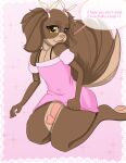  absurd_res anthro bottomwear canid canine canis clothed clothing clothing_lift crossdressing dialogue domestic_dog genitals girly hi_res male mammal mr.gayle penis pink_clothing pose simple_background skirt skirt_lift solo talking_to_viewer text thick_thighs 