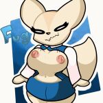  1:1 aggressive_retsuko anthro areola big_breasts blue_background blue_bottomwear blue_clothing blue_skirt blue_topwear bottomwear breasts canid canine clothing embarrassed eyelashes female fennec fenneko fox fur hi_res lewdewott looking_at_viewer mammal mouth_closed narrowed_eyes navel nipples pink_areola pink_nipples sanrio shirt simple_background skirt solo tan_body tan_fur text thick_thighs topwear wardrobe_malfunction wavy_mouth white_background white_clothing white_eyes white_shirt white_topwear wide_hips 