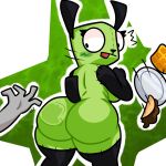  anthro big_breasts big_butt black_body black_eyes black_fur blush blush_lines breasts butt canid canine canis crossgender disembodied_hand domestic_dog eyelashes female food fur gir_(invader_zim) green_background green_body green_fur hi_res invader_zim lewdewott looking_back mammal nickelodeon plate rear_view red_tongue seam_(sewing) side_boob simple_background solo spanking stitch_(sewing) surprise thick_thighs tongue tongue_out white_background wide_hips 
