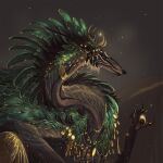  1:1 2022 ambiguous_gender antlers digital_media_(artwork) dragon feathered_dragon feathered_wings feathers feral fur furred_dragon green_body green_feathers grey_background hi_res horn nukerooster simple_background solo wings 