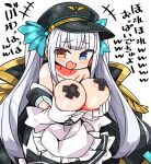  1girl :d apron black_headwear black_jacket blue_eyes blush_stickers bow breast_hold breasts breasts_out collarbone commentary_request cross_pasties gloves hair_bow hat heterochromia jacket jacket_on_shoulders kagura_gumi kagura_mea kanikama large_breasts laughing long_hair looking_at_viewer maid military_hat military_jacket pasties smile solo translation_request twintails very_long_hair white_gloves white_hair yellow_eyes 