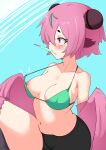  1girl absurdres animal_ears bangs bare_shoulders belly bike_shorts bikini bikini_pull bird_ears bird_legs blush breasts clothes_pull double_bun feathered_wings feathers food green_bikini hair_bun harpy highres medium_breasts midriff monster_girl mouth_hold navel nipples notice_lines original pink_feathers pink_hair pink_wings popsicle pulled_by_self red_eyes short_hair solo swimsuit thus0thus winged_arms wings 