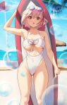  1girl :o beach beach_chair blonde_hair blue_sky breasts bubble collarbone eyewear_on_head hair_between_eyes hair_ribbon highleg highleg_swimsuit highres holding holding_surfboard large_breasts looking_at_viewer lycoris_recoil nishikigi_chisato ocean one-piece_swimsuit palm_leaf red_eyes red_flag red_ribbon ribbon short_hair sky solar_(happymonk) solo sunglasses surfboard swimsuit white_swimsuit 