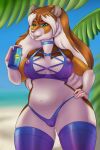  5_fingers anthro beach beverage beverage_can bikini blue_bikini blue_clothing blue_stripes blue_swimwear breasts brown_body brown_fur brown_hair camel_toe cleavage clothed clothing cricetid digital_media_(artwork) eyelashes female fingers fur green_eyes hair hamster hand_on_hip hi_res holding_beverage holding_object legwear long_hair mammal midriff multicolored_body multicolored_fur multicolored_hair navel nipple_outline nipples outside palm_tree pink_nose plant purmoral rodent seaside sky smile solo standing stockings stripes swimwear tight_clothing topwear tree two_tone_body two_tone_fur two_tone_hair water white_body white_fur white_hair 