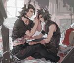  2boys animal_ear_fluff animal_ears applying_bandages arknights armband bandage_on_face bandages bangs barefoot belt between_legs black_hair black_pants black_shirt bleeding blood blood_on_arm blood_on_clothes blood_on_face blood_on_leg broken broken_glass broken_window brown_eyes brown_hair carpet choker closed_mouth clothes_lift collarbone courier_(arknights) cow_boy cow_ears cow_horns cross_scar cuts deer_boy deer_ears deer_tail ecrsin first_aid flipped_hair from_side frown glass hand_on_another&#039;s_chest hand_on_another&#039;s_ear hand_on_another&#039;s_head hands_up horns indian_style indoors injury knees_up lifted_by_another looking_at_another looking_away looking_down lowleg lowleg_pants male_focus matterhorn_(arknights) medium_hair midriff multiple_boys on_floor outstretched_arms pants profile ruins scar scar_on_arm scratches shirt shirt_lift short_hair short_sleeves sitting sleeveless sleeveless_shirt tail tight tight_shirt toned toned_male torn_clothes torn_shirt turtleneck window 
