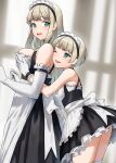  2girls apron bangs bare_shoulders blonde_hair breast_grab breasts doushimasho dress elbow_gloves frilled_apron frilled_gloves frills from_side gloves grabbing grabbing_from_behind green_eyes groping height_difference highres large_breasts long_dress long_hair looking_at_another looking_back maid maid_apron maid_headdress multiple_girls open_mouth original short_dress short_hair small_breasts smile thighhighs thighs underbust waist_apron white_apron white_gloves white_thighhighs 