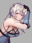  1girl bangs bare_shoulders black_gloves blue_shirt blunt_bangs braid breasts brown_eyes cleavage flower gloves grey_background grey_hair hair_between_eyes hair_flower hair_ornament hand_on_own_arm hand_on_own_head kaine_(nier) large_breasts leaning_forward lingerie long_hair looking_at_viewer nail_polish negligee nier nier_(series) parted_lips sasanomesi shirt solo underwear upper_body white_flower white_nails 