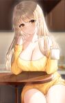  1girl absurdres bare_shoulders breasts brown_hair cleavage collarbone dress hands_up highres large_breasts long_hair long_sleeves looking_at_viewer off-shoulder_sweater off_shoulder orange_eyes original r3d sitting smile solo sweater sweater_dress table thighs yellow_sweater 
