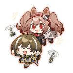  +++ 2girls :3 ^_^ angelina_(arknights) animal_ears arknights baiwei_er_hao_ji black_collar black_footwear black_gloves black_socks black_sweater brown_hair chibi closed_eyes collar drone extra_ears fox_ears fox_girl gloves hairband ice_skates infection_monitor_(arknights) jacket magallan_(arknights) mask mask_around_neck multicolored_hair multiple_girls open_mouth red_eyes red_hairband rhine_lab_logo shoes sidelocks simple_background single_glove skates socks streaked_hair striped striped_hairband sweater twintails white_background white_gloves white_hair white_jacket 