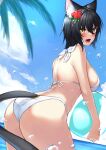  1girl :3 animal_ear_fluff animal_ears ass back ball beachball bikini black_hair breasts cat_ears cat_girl cat_tail cloud commentary_request day fang flower hair_between_eyes hair_flower hair_ornament highres large_breasts looking_at_viewer open_mouth original outdoors short_hair sideboob smile solo swimsuit tail thighs water white_bikini yellow_eyes yorugami_rei 