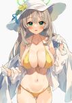  1girl :o bikini blue_archive blush breasts cleavage collarbone front-tie_bikini front-tie_top green_eyes halo halterneck hat highres holding holding_towel jacket large_breasts light_brown_hair looking_at_viewer navel nonomi_(blue_archive) nonomi_(swimsuit)_(blue_archive) see-through see-through_jacket side-tie_bikini simple_background skindentation solo sun_hat swimsuit thigh_gap towel unacchi_(nyusankin) white_background white_jacket white_towel yellow_bikini 