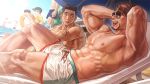  2boys 6+boys abs armpits arms_behind_head bara beach biceps black_hair black_male_swimwear blush brown_hair bulge character_request dark-skinned_male dark_skin eyewear_on_head feet_out_of_frame game_cg green_eyes large_pectorals looking_at_another looking_to_the_side lying male_focus male_swimwear mature_male multiple_boys muscular muscular_male nipples on_back pectorals short_hair sksk_dan stomach sunglasses swim_trunks thick_eyebrows thighs topless_male umbrella wasp_(anthyutena) white_male_swimwear 