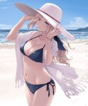  1girl bangle bare_legs beach bikini black_bikini blonde_hair blue_eyes bracelet breasts cleavage closed_mouth collarbone cowboy_shot day groin hat highres hornet_(kancolle) jewelry kantai_collection large_breasts long_hair navel ocean open_clothes rokuwata_tomoe smile solo swimsuit white_headwear 
