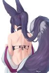  1girl absurdres animal_ears artist_name back_focus bare_shoulders bikini black_bikini choker clothes_down erune fikkyun fox_ears fox_girl fox_tail from_behind granblue_fantasy highres long_sleeves median_furrow ponytail purple_hair robe shoulder_blades simple_background solo swimsuit tail upper_body white_background white_robe yuel_(granblue_fantasy) 