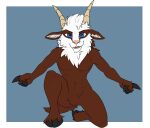  anthro black_hooves blue_background blue_eyes brown_body brown_ears brown_fur brown_tail cheek_tuft crotch_tuft facial_tuft featureless_crotch front_view fur hair hi_res hooves horn inner_ear_fluff kneeling_on_one_leg looking_at_viewer male martinballamore muscular muscular_anthro muscular_male navel open_mouth open_smile pink_inner_ear pink_nose pupils red_tongue shoulder_tuft simple_background smile solo square_pupils tan_horn teeth tongue tuft white_body white_fur white_hair white_inner_ear_fluff 