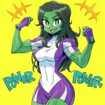  1girl black_hair bodysuit clenched_hands colored_skin fingerless_gloves gloves green_eyes green_skin long_hair marvel multicolored_bodysuit multicolored_clothes muscular muscular_female open_mouth purple_gloves she-hulk simple_background skin_tight smile solo sunafuki_tabito yellow_background 