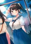  1girl adjusting_hair bangs blue_ribbon blue_skirt blunt_bangs blurry blurry_foreground blush brown_eyes brown_hair closed_mouth cloud collared_shirt commentary_request depth_of_field highres long_hair long_skirt looking_at_viewer neck_ribbon nishizawa original ponytail reflection revision ribbon scrunchie shirt short_sleeves skirt sky solo standing tree white_shirt window 