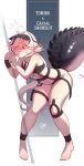  1girl absurdres ahoge arknights artist_name bikini black_bikini black_hair blush breasts character_name cosplay crocodilian_tail full_body gavial_(arknights) gavial_(arknights)_(cosplay) highres holding holding_staff holster leaning_forward multicolored_hair navel peigi1045 pointy_ears red_eyes small_breasts solo staff standing stomach streaked_hair swimsuit tail thigh_holster thighs tomimi_(arknights) visor_cap white_hair 