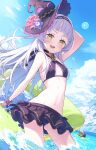  1girl :d arm_behind_head arm_up ass_visible_through_thighs bangs bikini black_bikini black_choker black_headwear blue_sky blush breasts choker cloud commentary_request day flower full_moon grey_hair hat hat_flower hololive innertube long_hair looking_at_viewer moon murasaki_shion navel orange_eyes outdoors pink_flower sky small_breasts smile snorkel snorkel_in_mouth solo swimsuit tam-u very_long_hair virtual_youtuber witch_hat 
