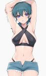  1girl absurdres armpits arms_up bangs banned_artist bare_arms bikini black_bikini blue_eyes blue_hair blue_shorts breasts byleth_(fire_emblem) byleth_(fire_emblem)_(female) commentary_request cowboy_shot criss-cross_halter cutoffs fire_emblem fire_emblem:_three_houses grey_background hair_between_eyes halterneck highres large_breasts long_hair looking_at_viewer navel open_fly parted_lips shimizu_akina short_shorts shorts simple_background solo standing stomach swimsuit 
