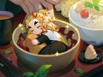  1boy black_pants blonde_hair bowl cape chibi closed_eyes closed_mouth colored_tips cup demon_slayer_uniform ecrsin flame_print food forked_eyebrows half_updo in_bowl in_container kimetsu_no_yaiba leaf light_particles long_hair long_sleeves male_focus miniboy multicolored_hair object_hug out_of_frame pants plate plume print_cape red_hair rengoku_kyoujurou rice_bowl sleeping solo_focus sparkle streaked_hair tea tray white_cape yunomi 