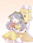  2girls biyon blonde_hair blue_hair closed_eyes double_bun dress food hair_bun hair_ribbon haniwa_(statue) haniyasushin_keiki happy head_scarf joutouguu_mayumi multiple_girls open_mouth ribbon short_sleeves touhou vambraces yellow_dress yellow_eyes 