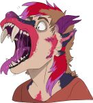  absurd_res anthro big_fangs black_body black_ears black_fur black_lips bodily_fluids brown_eyebrows brown_hair eyebrows forked_tongue fur hair hi_res horn human human_to_anthro imperatorcaesar lips male mammal mouth_shot multicolored_hair open_mouth pink_inner_ear purple_ears purple_hair purple_horn purple_nose red_body red_fur red_hair saliva saliva_on_lips saliva_on_tongue saliva_string simple_background solo species_transformation tongue tongue_out transformation white_background 