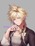  1boy blonde_hair blue_eyes bow braid cloud_strife crossdressing dress earrings final_fantasy final_fantasy_vii final_fantasy_vii_remake frilled_sleeves frills grey_background grey_dress hair_between_eyes hair_bow hand_in_own_hair jewelry long_hair looking_at_viewer male_focus nail_polish purple_nails sasanomesi solo spiked_hair twin_braids upper_body white_bow wide_sleeves 