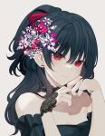  1girl :/ achiki bangs black_choker black_dress black_hair bow choker dress flower flower_choker hair_between_eyes hair_flower hair_ornament hand_on_own_chin high_ponytail light_blush long_hair looking_at_viewer original portrait red_bow red_eyes simple_background solo white_background 