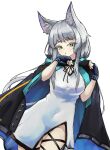  1girl animal_ear_fluff animal_ears arknights black_bracelet black_cape black_gloves blue_cape breasts cape cat_ears cat_girl cat_tail cowboy_shot dress fingerless_gloves gloves green_eyes grey_hair hands_up highres infection_monitor_(arknights) leg_wrap long_hair looking_at_viewer medium_breasts paw_pose rosmontis_(arknights) simple_background solo tail tongue tongue_out two-sided_cape two-sided_fabric unknownnoname0 very_long_hair white_background white_dress 
