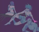  1girl 2boys ahoge ass bangs barefoot blood closed_mouth collarbone danganronpa_(series) danganronpa_2:_goodbye_despair from_behind grey_hair grey_male_underwear hand_up heterochromia hinata_hajime komaeda_nagito male_underwear medium_hair messy_hair midori_(310ri_21) multiple_boys nanami_chiaki pink_blood plaid_male_underwear red_eyes short_hair sitting smile topless topless_male underwear 